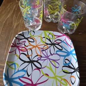 Colorful Floral Plate and Glass Set